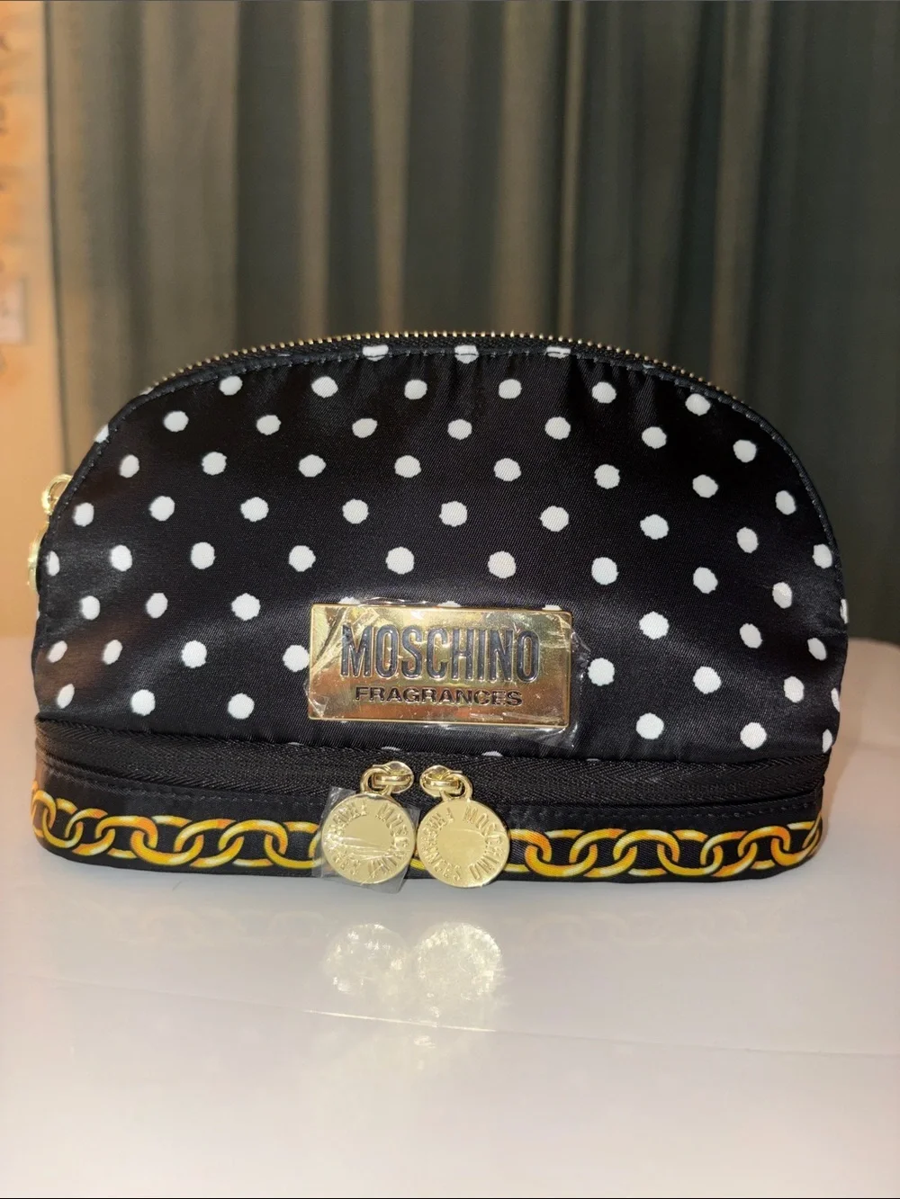 Moschino Black and White Polka Dot Cosmetic Pouch with Gold Accents NEW